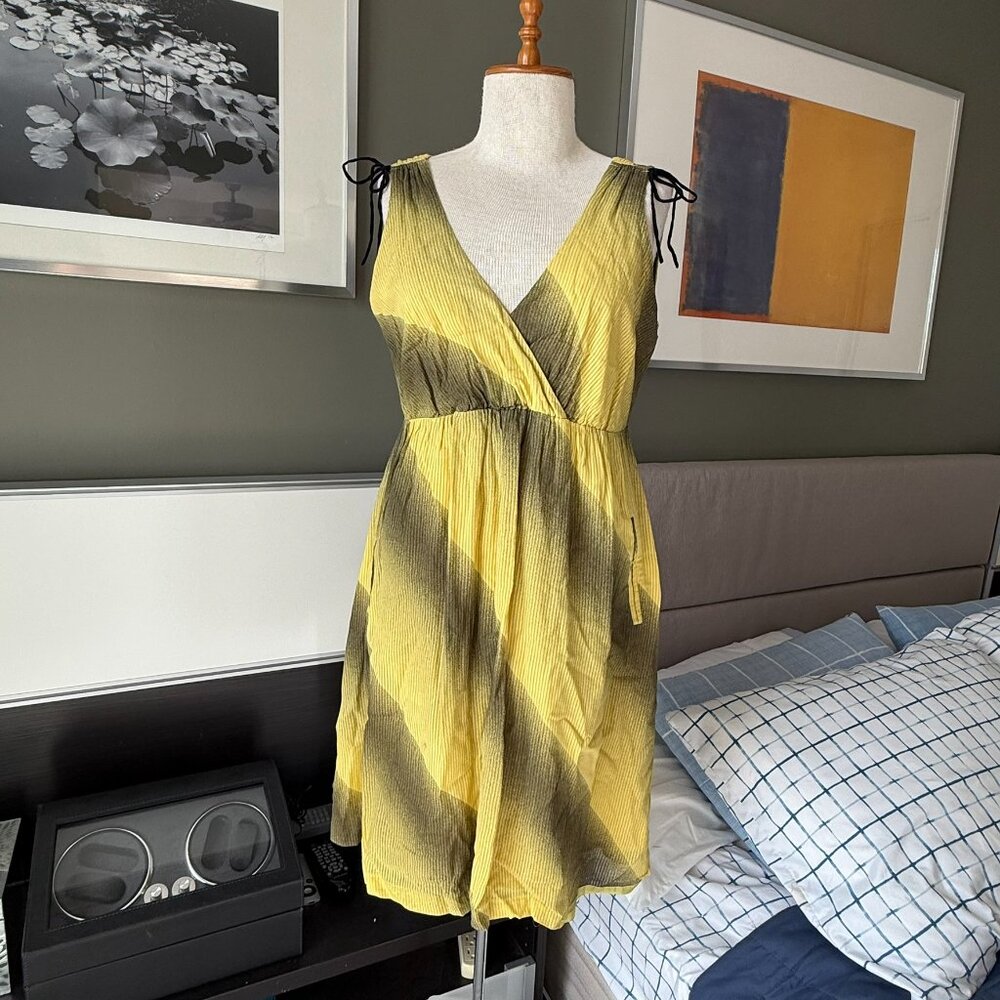 - Maeve Anthropologie Yellow Green Striped V Neck Sleeveless Dress Summer SMALL